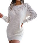 AMhomely Jumper Dress for Women UK Midi Mini Winter Warm Sweater Dresses Women's Fashion Autumn Solid Color Cutout Crew Neck Long Sleeve Pullover Ladies Knitwear Sale Clearance Size, 03 White