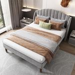 BTM 5FT Upholstered Bed, King Size Bed with Headboard and Wooden Slatted Support, Youth Bed, Grey Velvet Bed Frame, 150x200cm