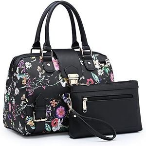 Dasein Women Barrel Handbags Purses Fashion Satchel Bags Top Handle Shoulder Bags Vegan Leather Work Bag Tote (Black Flower)