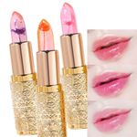 3pcs Color Changing Jelly Lipstick Set, Flower Infused Nutritious Lip Balm Magic Color Temperature Change PH Lip Gloss, Long Lasting Clear Moisturizing Lip Care Gift Set, Golden Embossed Tube