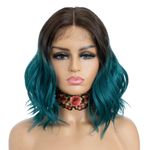 NOBLE Short Curly Wig for Women Lace Front Middle Part Synthetic Shoulder Length 12 Inch Ombre Brown To Green Natural Looking Heat Resistant Fiber Hair.