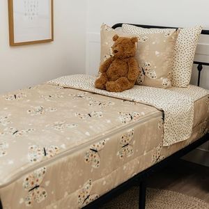 Beddy's Butterfly Themed Durable Zipper Bedding for Kids, Bed in a Bag, Beige Sheets & Comforter with Butterflies, Hearts & Floral Design, Includes Pillowcase & Pillow Sham, Easy to Make & Wash