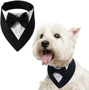 FUAMEY Dog Tuxedo,Formal Dog Wedding Bandana Dog Collar with Bow Tie Dog Birthday Costume Adjustable Pet Party Tux Dog Wedding Attire,Dog Valentines Outfit Cosplay for Small Medium Large Pets Black-S