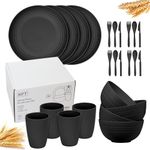 24pc Wheat Straw Dinnerware Sets for 4 Lightweight & Unbreakable Dishes Microwave & Dishwasher Safe Perfect for Camping, Picnic, RV, Dorm Plates, Cups and Bowls (Black, 24pc Set)