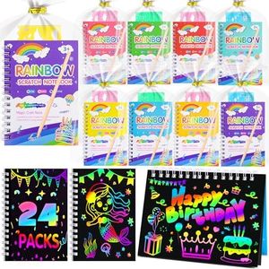 Elover Party Favors for Kids 4-8-12: 24 Pack Scratch Rainbow Art Crafts Notebook, Coloring Book Goodie Bags Stuffers Kit, Bulk Birthday Gift Classroom Prizes Girl Boy Toddler
