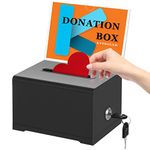 KYODOLED Black Donation Box with Lock,Ballot Box with Sign Holder,Suggestion Box Storage Container for Voting, Raffle Box,Tip Jar 6.2" x 4.6" x 4.0"