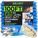 GearIT Extension Cord 100 Feet 12/3 - Extra Heavy Duty 3 Triple Outlet SJEOW Extreme Weather Outdoor/Indoor - 12 Gauge 3 Prong, LED Lighted Plug, Oil Resistant Rubber Jacket