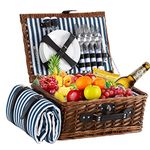 HYBDAMAI Picnic Basket for 4 with Waterproof Picnic Blanket and Insulated Cooler, Wicker Picnic Set, Willow Hamper for Camping, Outdoors, Photoshoot, or a Birthday, Mother's Day, Wedding Gift, Blue