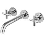 Polish Chrome Widespread Bathroom Sink Faucet Wall Mount 2 Cross Handles 3 Holes Vanity Mixer Tap Brass Lavatory Basin Mixing Faucets Swivel Spout with Rough-in Valve Included