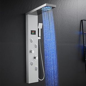 ROVOGO Led Shower Panel Tower System No Battery Needed, Rainfall & Mist Shower Head, Body Jets, Handheld, Tub Spout and Temp Display, Shower Column Stainless Steel Brushed