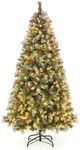 HAPPYGRILL 6.5FT Pre-lit Artificial Christmas Tree, Pre-Decorated Hinged Xmas Tree with 909 Branch Tips, 420 LED Lights, 8 Light Modes, Pine Cones & Red Berries, Fake Seasonal Tree for Home Office