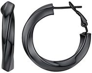 Black Hoops Stainless Steel Cube Twisted Chunky Hoop Earrings for Women 30mm Hypoallergenic Hollow Tube Medium Rounded Loop Earrings for Girls