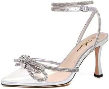 Athlefit Women's Rhinestone Bow Heels Ankle Strap Pointed Toe Stiletto Heeled Sandals Wedding Bridal Dress Pumps Shoes, Transparent, 7.5
