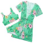 ACOCOPY Swimsuits for Girls 3 Piece Bikini Setss Green Hibiscus Flower Bathing Suits Swimwear with Drawstring Size 7-8