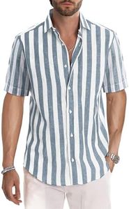 JMIERR Mens Summer Casual Stylish Short Sleeve Button-Up Shirts Cotton Linen Striped Business Dress Shirts Beach T Shirt, 4XL, Grey and White Stripe