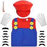 Skirfy Super Brother Costume for Kids,Plumber Jumpsuit Costume for Boys with Hat Mustaches Gloves Halloween Cosplay Outfit(Size M),Ideal for Boys Girls