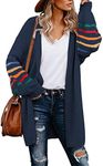 Dokotoo Cardigan Sweaters for Women 2024 Winter Color Block Striped Sweater Balloon Long Sleeve Open Front Cardigans Cable Knit Sweaters Outwear M Blue