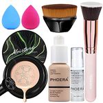 PHOERA Foundation,Air Cushion CC Cream Natural Foundation,Phoera Foundation Full Coverage,Phoera Face Primer, Kabuki Brush Foundation Brush Makeup,Makeup Sponge (102Nude + 02Natural CC)