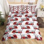 Erosebridal Cartoon Vehicles Duvet Cover Red Fire Truck Bedding Set Full Size,Fire Fighting Vehicle Comforter Cover Set for Child Teens Man,Fire Engine Grey Wheel Track Kids Car Theme Room Decor