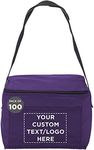 DISCOUNT PROMOS Custom Small Lunch Bags Set of 100, Personalized Bulk Pack - Insulated, Fits 6 Cans, Perfect for the Office, Picnic, Beach - Purple