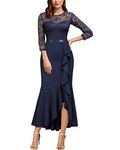 MISSMAY Women's Classy Floral Lace Ruffle Formal Bridesmaid Long Dress (X-Large, Navy Blue)