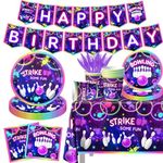 GREHUMOR Bowling Birthday Tableware 142Pcs Let's Strike Up Some Fun Bowling Party Decorations Rainbow Neon Glow Girls Birthday Party Favors Disposable Plates,Tablecloth,Napkins,Cups,Forks and Knives