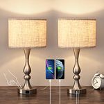 EDISHINE Bedside Lamps Set of 2, Touch Control Table Lamp with Dual USB Charging Ports, Dimmable Nightstand Lamp for Living Room, Bedroom, Led Bulbs Included, Fabric Lampshade, Nickel Finish