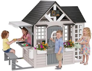Albott Kids Outdoor Wooden Playhouse with Kitchen Playset, Backyard Cottage for Kids with Bench, Chalkboard, Pet Door, Wooden Mailbox and Flowerpot, Backyard Play House for Boys and Girls Ages 3-8