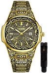 HUNRUY Retro Watches for Men Quartz Watches Tattoo Pattern Carved Stainless Steel Bracelet Waterproof Wrist Watch, Gold, luxury