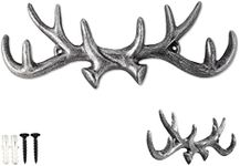 Comfify Vintage Cast Iron Deer Antlers Wall Mounted Hooks Antique Finish Metal Clothes Hanger Rack w/Hooks for Coats, Jackets, Purses and More | Includes Screws and Anchors | Silver with Black