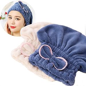 SweetCat 2PC Microfiber Hair Drying Caps, Extrame Soft & Ultra Absorbent, Fast Drying Hair Turban Wrap Towels Shower Cap for Girls and Women (Blue+Beige)…