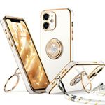 XYZ for iPhone 12 Case with Stand, Double Ring Holder Case Heart with Lanyard for Girls Women, Luxury Cute Bling Protective Phone Cover Case for iPhone 12, White