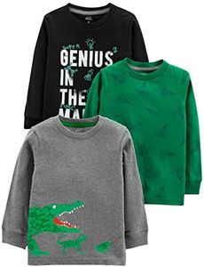 Simple Joys by Carter's 3-Pack Graphic Long-Sleeve Tees Infant-and-Toddler-t-Shirts, Gris Cocodrilo/Negro Genio/Verde Cohete, 2 años (Pack de 3) para Niños