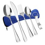 LTZGO Stainless Steel 5-Piece Cutlery Set: Travel, Camping, Picnic, Includes Spork, Fork, Knife, Spoon, Bottle Opener, Portable Bag