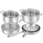 Stainless Steel Pots and Pans Set – 8pcs Cookware with Glass Lids – Induction Hob Pot Set – Cooking Saucepan Pots & Frying Pan Set – by Nuovva