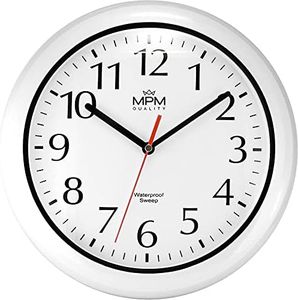 MPM Quality Design Bathroom Wall Clock Made of Plastic and Mineral Glass, Quartz Sweep, 3-5 ATM Waterproof, White/Black, Diameter 305 mm, Also Suitable for Outdoor Use and as a Bathroom Clock, Pool