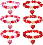 XOCARTIGE 6PCS Valentine’s Day Bracelets Red Heart Charms Bracelets for Women Crystal Pearl Beaded Stretch Bracelet Set Festive Birthday Party Gifts, Acrylic, no gemstone