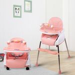 BUMTUM Baby High Chair 4 in 1 Convertible Folding with Footrest, Convertible to High Chair, Low Chair, & Feeding Seat with Cushion pad (Pink)