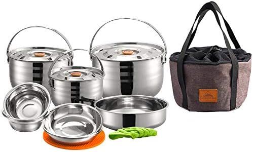 CAMPINGMOON 16PCS Stainless Steel Outdoor Camping Nesting Mess Kit Cookware Set Pots Pans with Storage Carrying Bag MC240