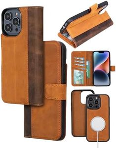 Bayelon Case for iPhone 14 Pro, Full Grain Leather Wallet Case, [2in1] Detachable Magnetic Flip Cover with Card Slots, Kickstand, iPhone 14 Pro Case Compatible with Apple MagSafe (Camel-Dark Brown)