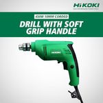 Hikoki D10Vstas9Z Corded Drill With Soft Grip Handle, 450 Watts Powerful Motor, 10Mm Drill Chuck And 0-3000Rpm, 1.3 Kg, Chuck, Wrench Included - Green