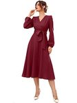 Vivvli Women's Polyester A-line V-Neck Bishop Sleeve Midi Belted Dress Maroon