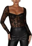 REORIA Women's Sexy Floral Lace Sweetheart Neck Mesh Long Sleeve Trendy Going Out Slimming Y2K Bustier Corset Thong Bodysuits(Black Large)