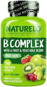NATURELO B Complex - Whole Food Complex with Vitamin B6, Folate, B12, Biotin - Supplement for Energy and Stress - High Potency - Vegan - Vegetarian - Non GMO - Gluten Free - 240 Capsules