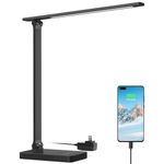 Lepro LED Desk Lamp with USB Charging Port Dimmable Home Office Lamp Touch Control Bright Reading Table Lamp, 3 Color Modes with 5 Brightness Level, Eye Caring Natural Light Modern Task Lamp (Black)