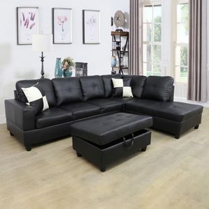 MODCART 3-Piece 103.5" Faux Leather L-Shaped Sectional Sofa with Right Chaise Longue and Storage Ottoman, Modern Living Room Furniture Upholstered Couch Set for Home, Office and Apartment