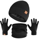 Winter Beanie Hat Scarf Gloves Set for Men Women, Warm Knitted Hat Fleece Lined Circle Neck Warmer Touchscreen Gloves (Black)