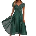 Wedding Guest Dresses for Women UK Clearance Petite,Ladies Lace Chiffon Dresses Sexy V Neck Short Sleeve Prom Dresses Elegant Below The Knee Midi Dress Evening Party Special Occasions Dresses Green