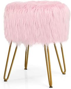 Giantex Luxury Faux Fur Vanity Stool Chair, Round Footstool Ottoman w/Metal Legs, Fluffy Chair with Furry Padded Seat, Decorative Furniture Footrest, Accent Dressing Table Chair Makeup Stool (Pink)