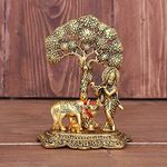 CHHARIYA CRAFTS Metal Krishna with Kamdhenu Cow Standing Under Tree Plying Flute Gift Item Decorative Showpiece for Home and Office Decor (Metal, Gold)